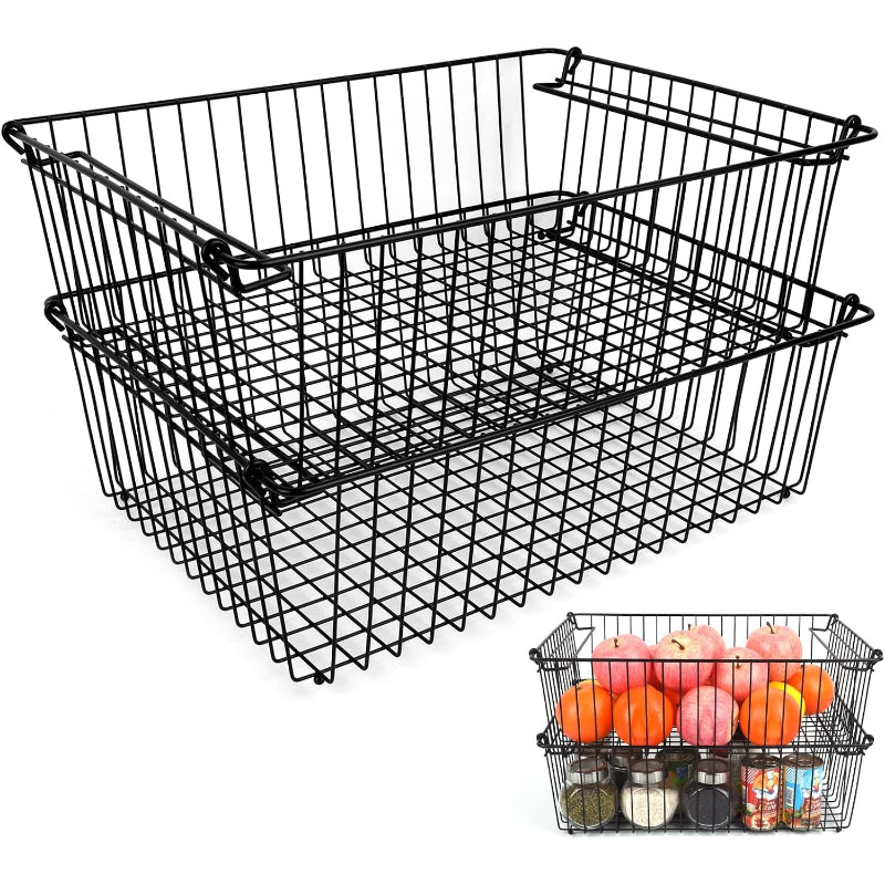 2‑Pack XXL Stackable Black Metal Pantry Wire Baskets