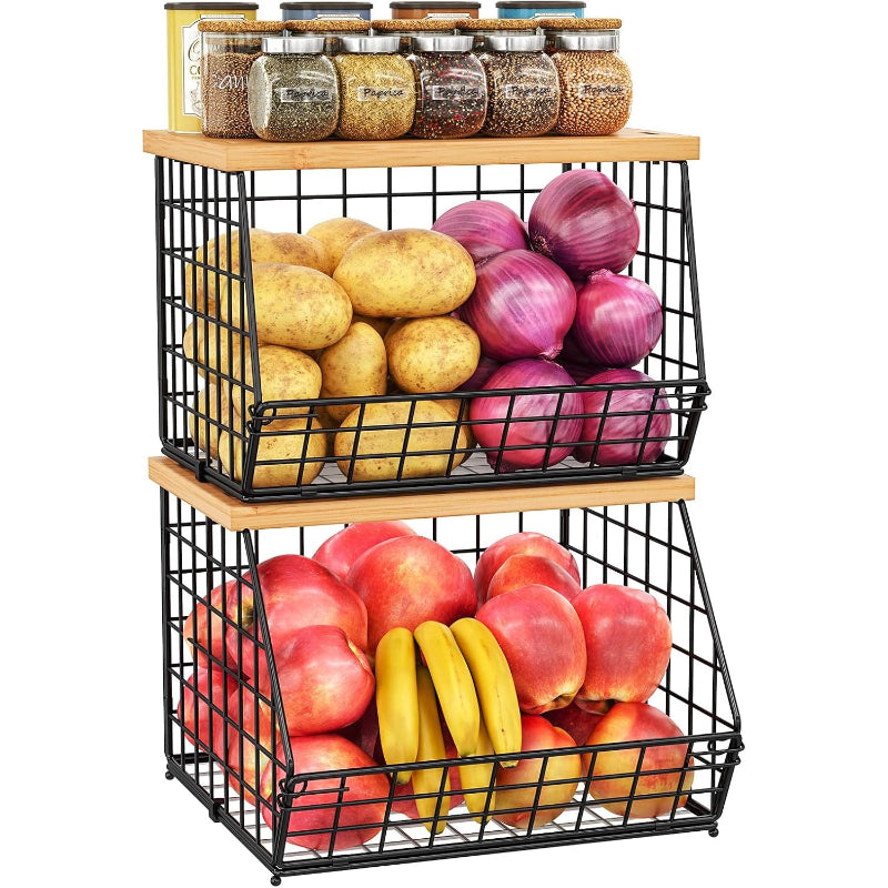 2‑Pack Stackable Wire Baskets with Wooden Tops