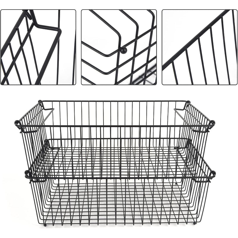 2‑Pack XXL Stackable Black Metal Pantry Wire Baskets