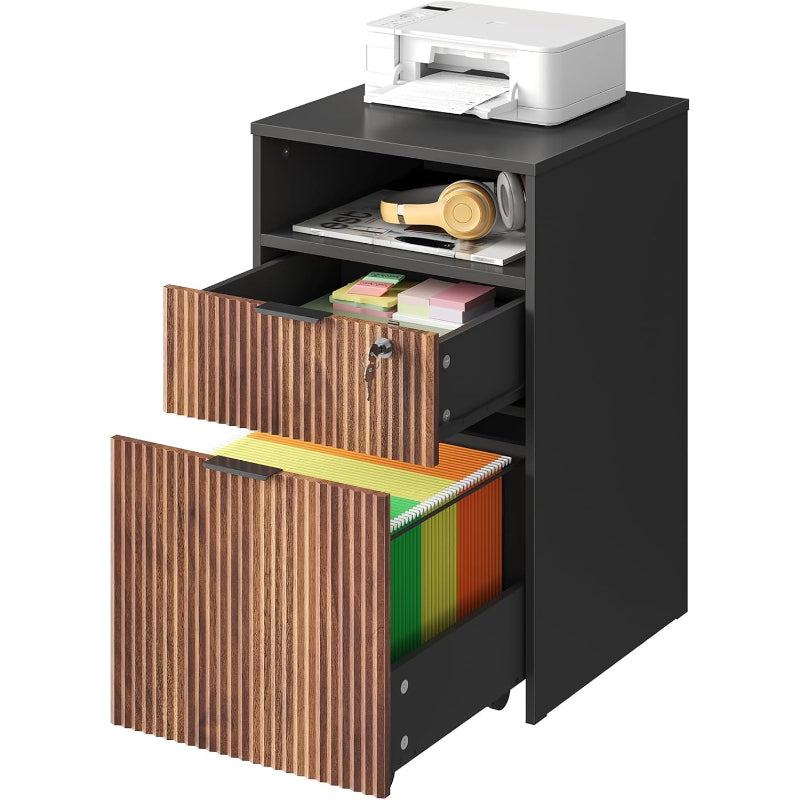 Black & Dark Walnut 2‑Drawer File Cabinet