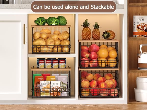 2‑Pack Stackable Wire Baskets with Wooden Tops