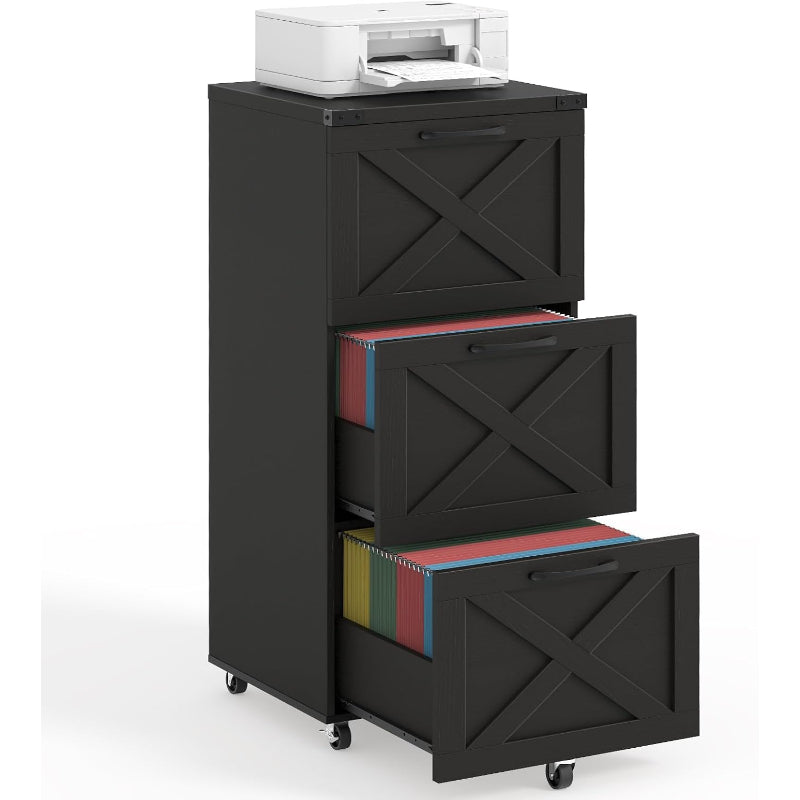 Black Tall 3‑Drawer Wheeled Farmhouse File Cabinet