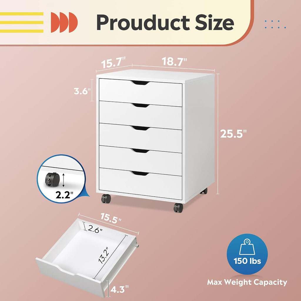 White Under‑Desk 5‑Drawer File Cabinet