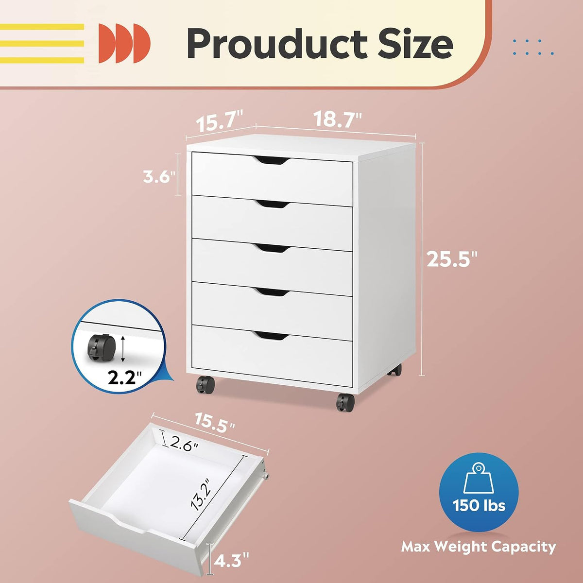 White Under‑Desk 5‑Drawer File Cabinet