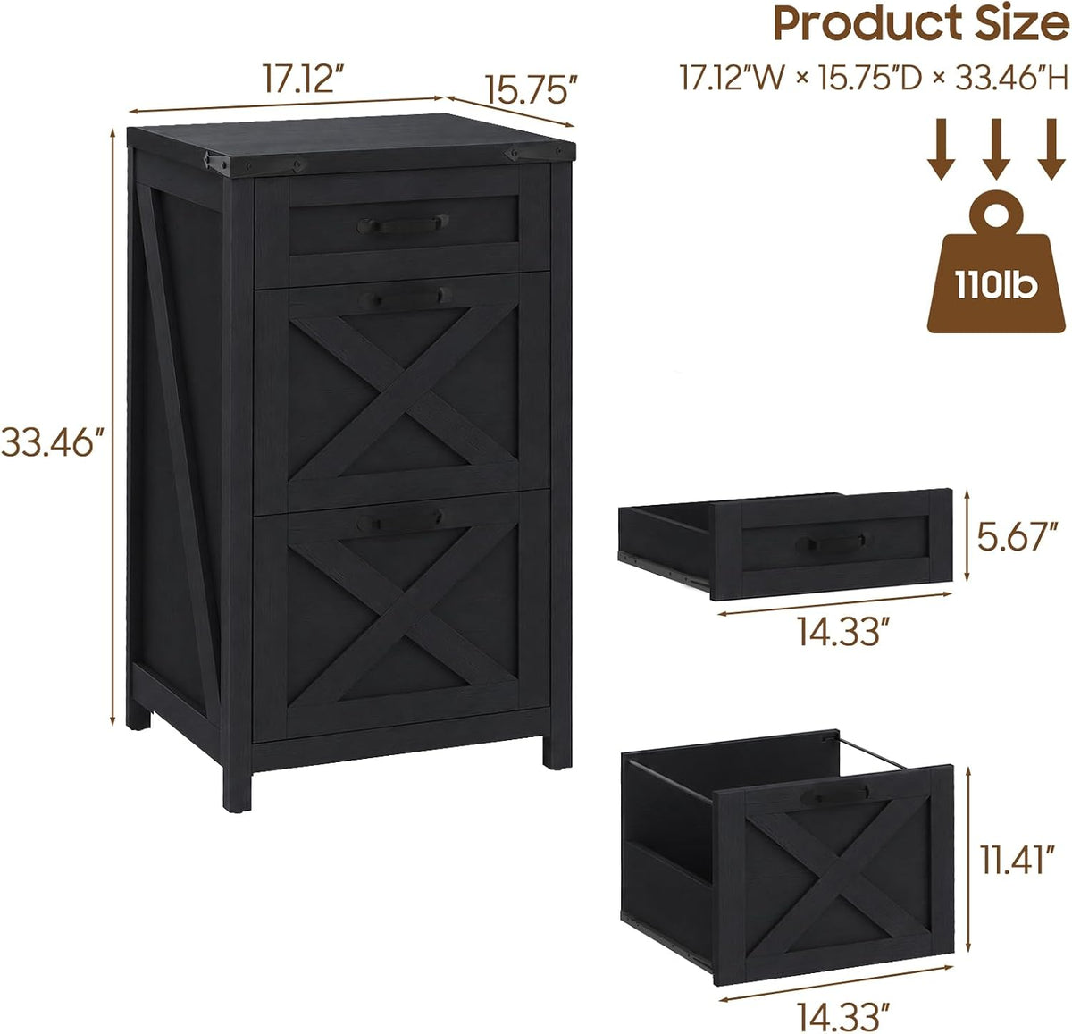 Black 3‑Drawer Farmhouse File Cabinet