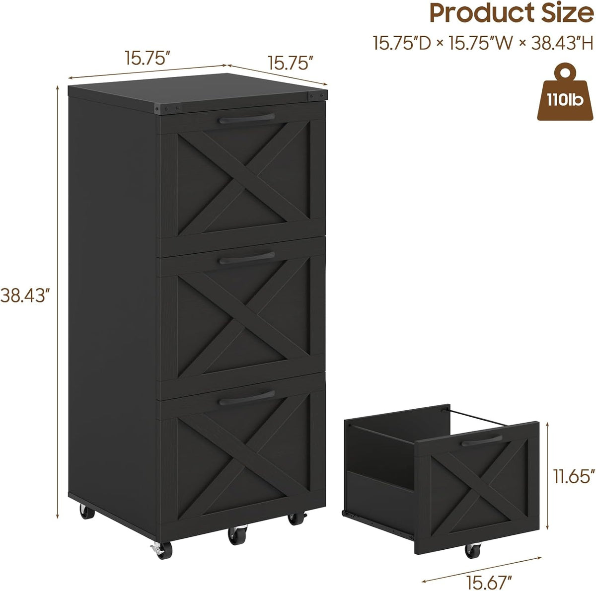 Black Tall 3‑Drawer Wheeled Farmhouse File Cabinet
