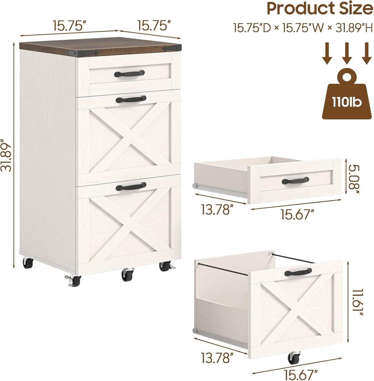 3‑Drawer Wheeled Farmhouse File Cabinet