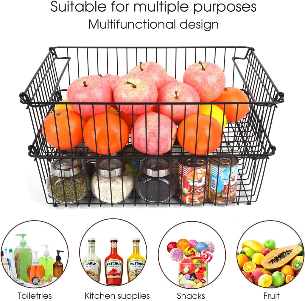 2‑Pack XXL Stackable Black Metal Pantry Wire Baskets