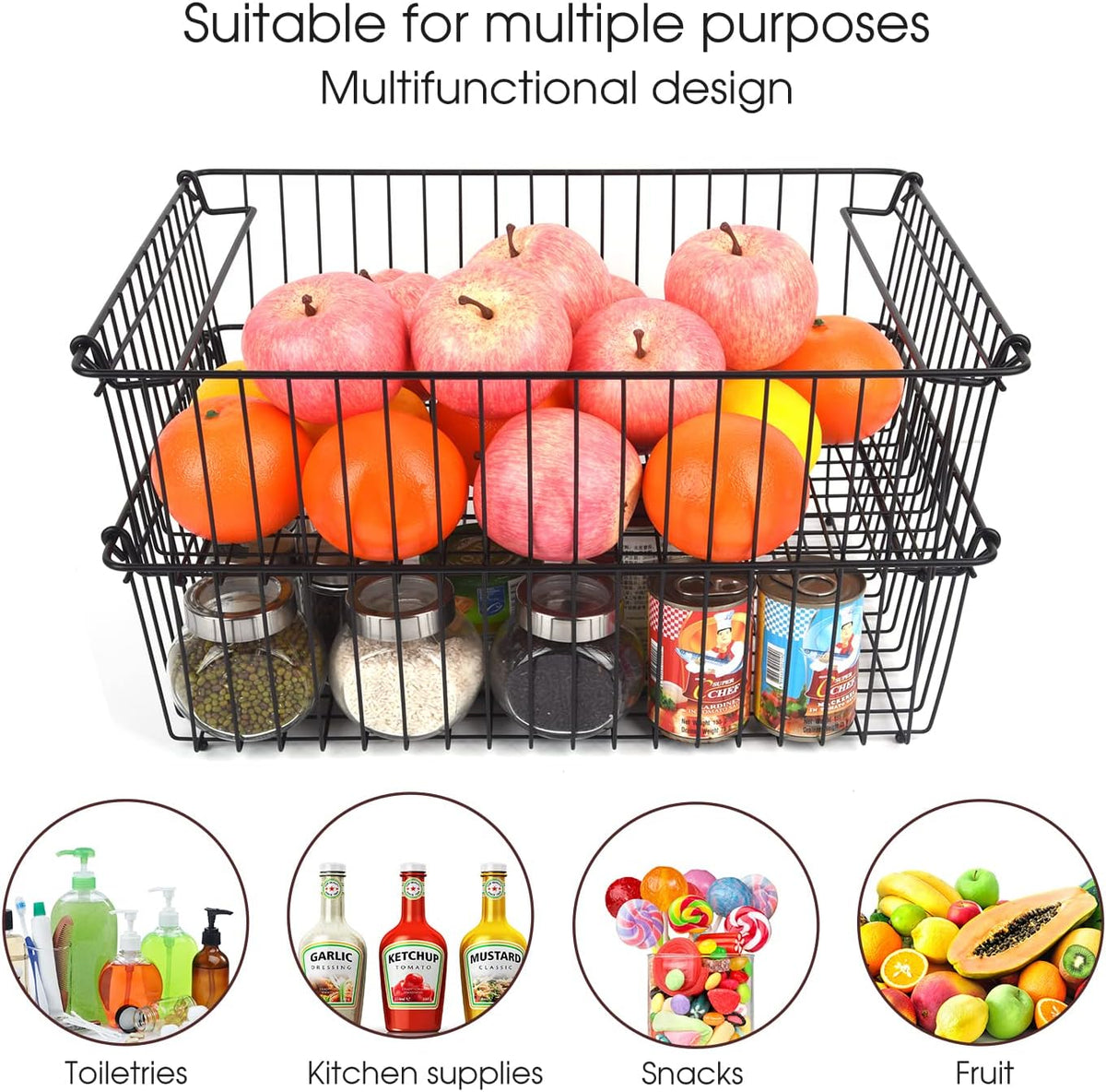 2‑Pack XXL Stackable Black Metal Pantry Wire Baskets