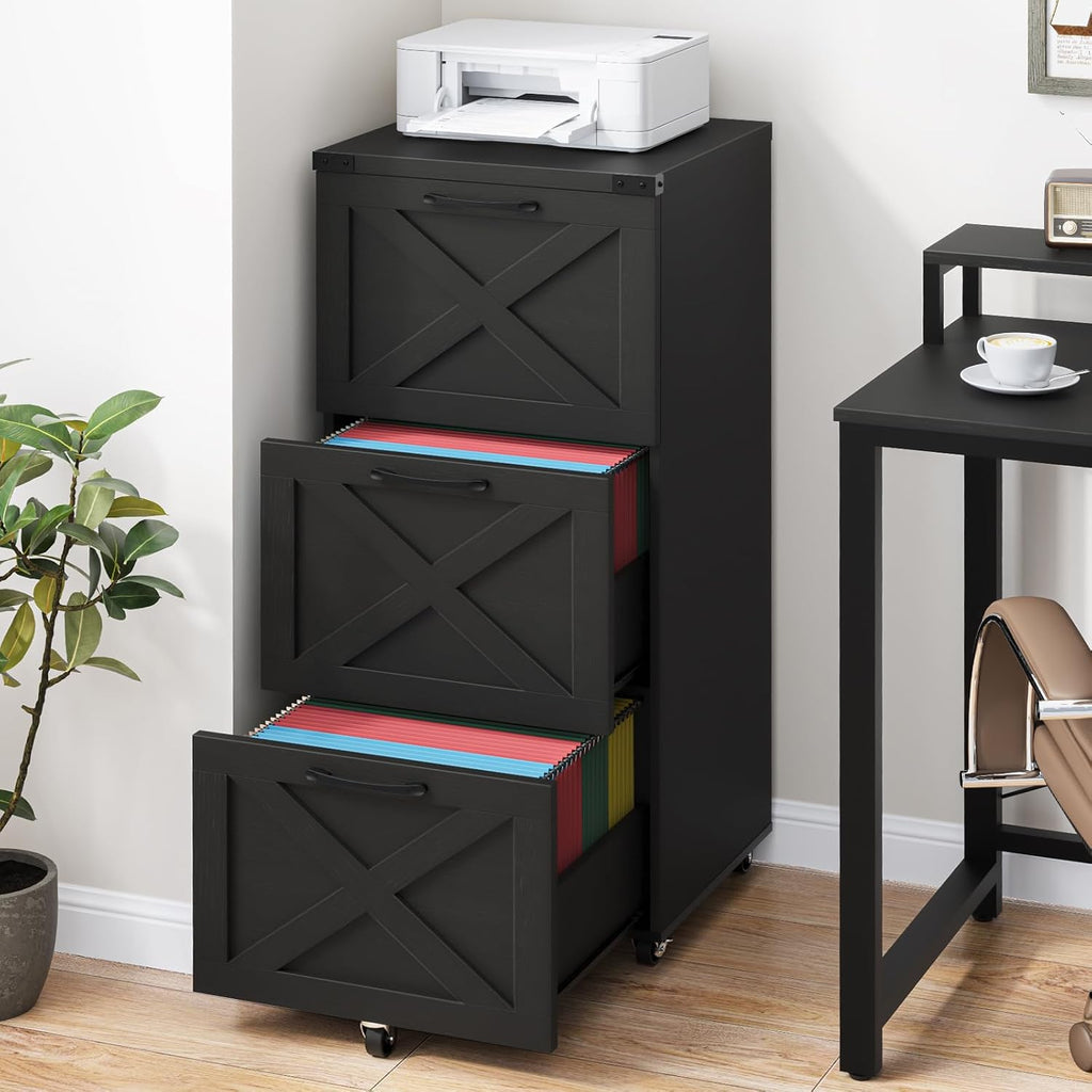 Black Tall 3‑Drawer Wheeled Farmhouse File Cabinet