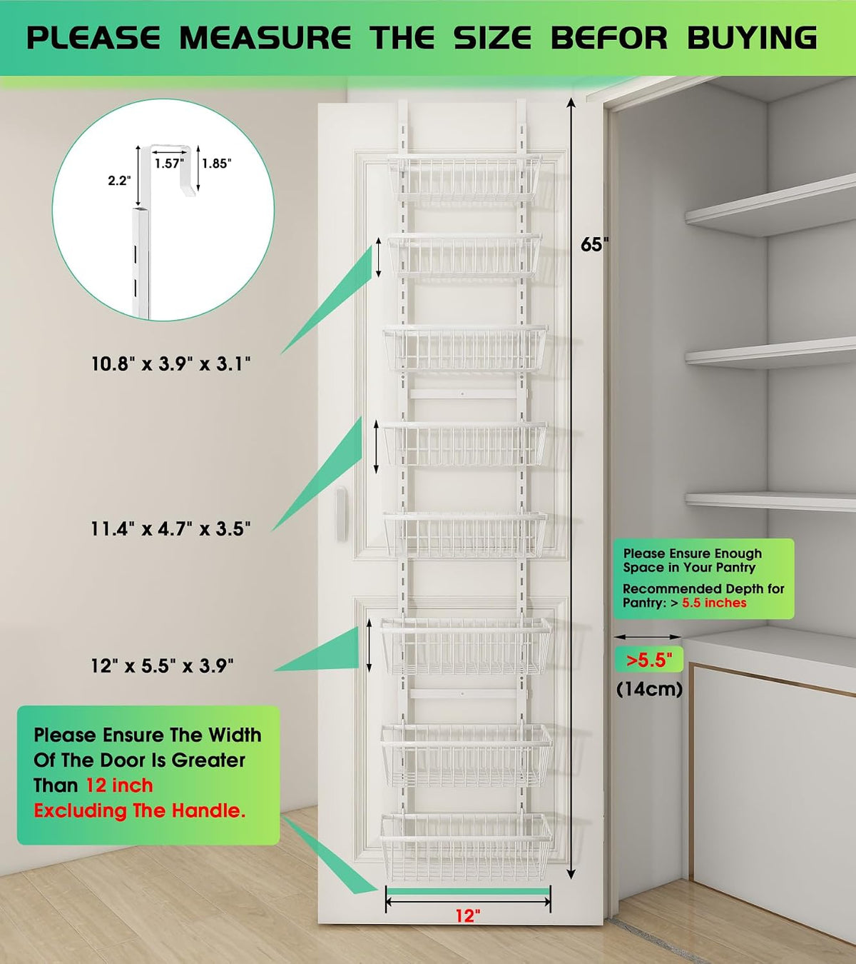 White 12‑Inch Narrow Over‑the‑Door Pantry Organizer