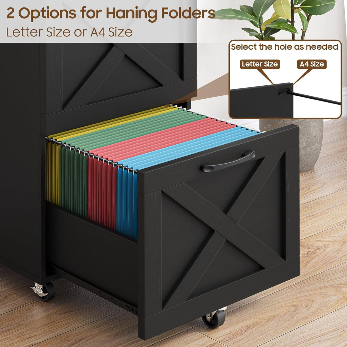 Black Tall 3‑Drawer Wheeled Farmhouse File Cabinet