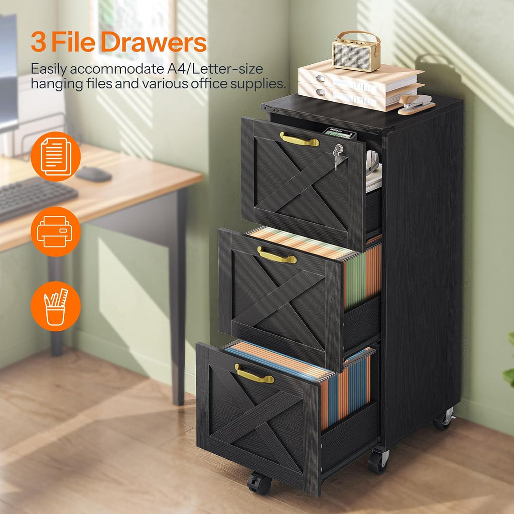 3‑Drawer Lockable Mobile Wooden File Cabinet