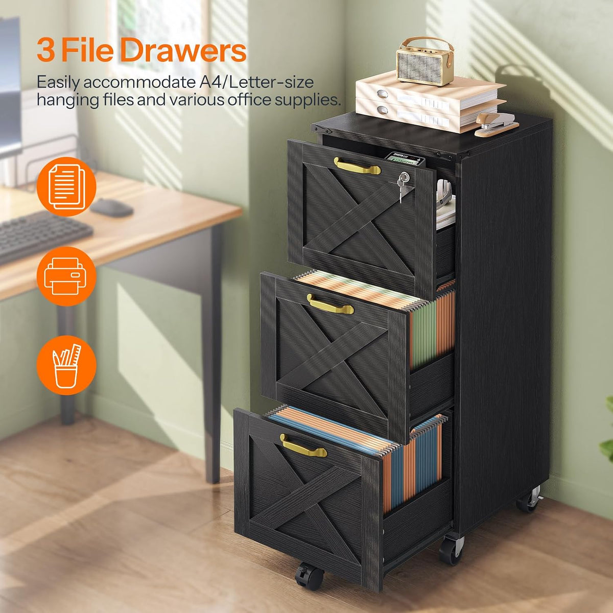 3‑Drawer Lockable Mobile Wooden File Cabinet