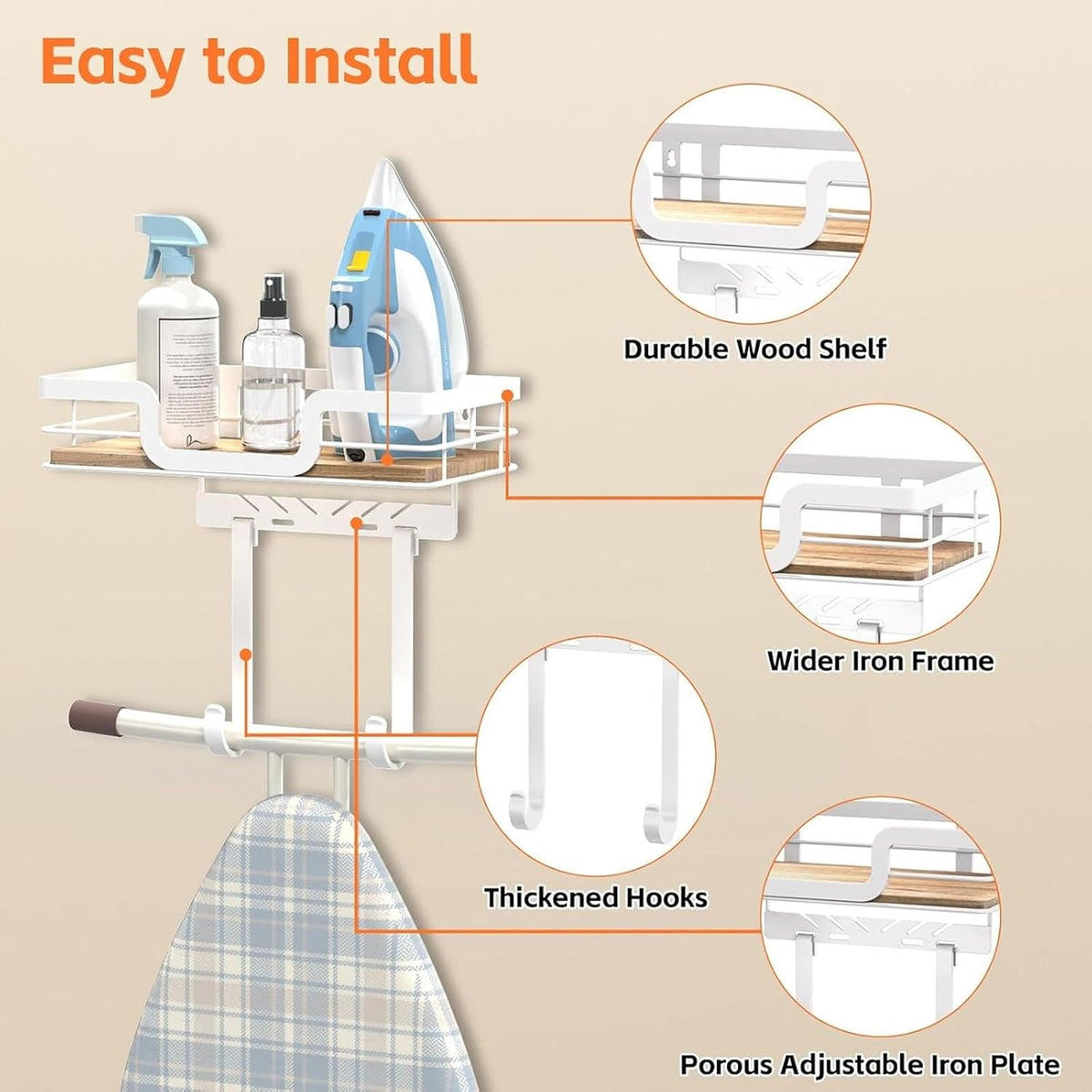 White Wall‑Mount Ironing Board Hanger