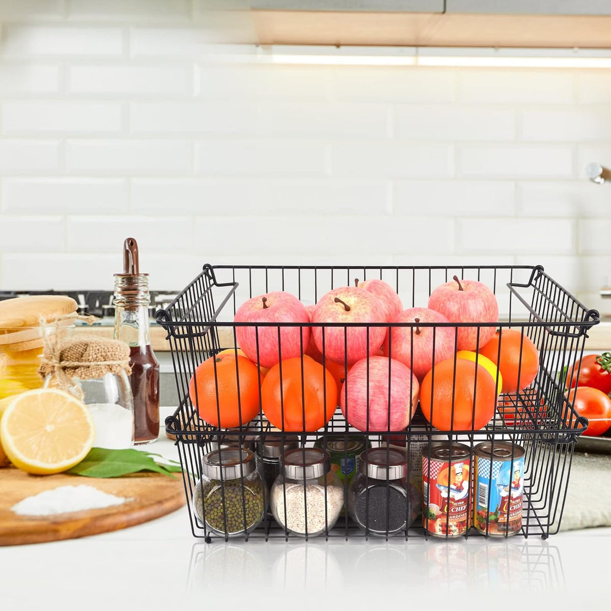 2‑Pack XXL Stackable Black Metal Pantry Wire Baskets