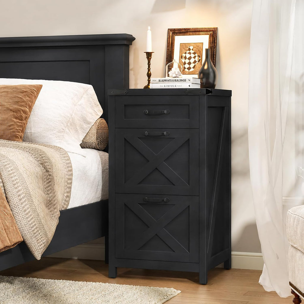 Black 3‑Drawer Farmhouse File Cabinet