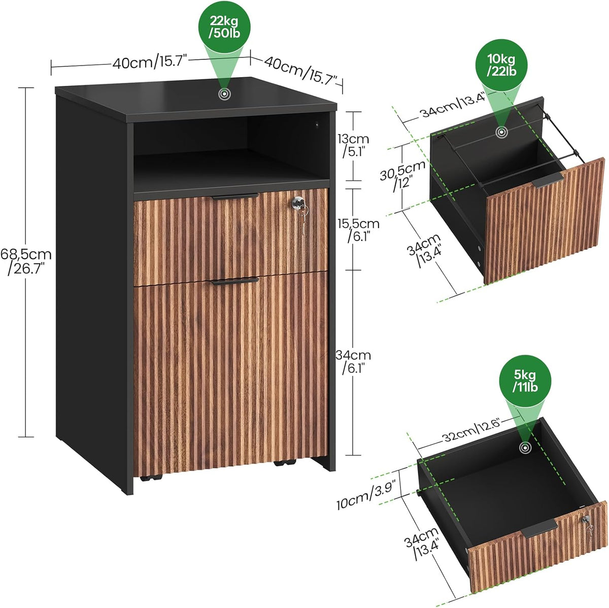 Black & Dark Walnut 2‑Drawer File Cabinet