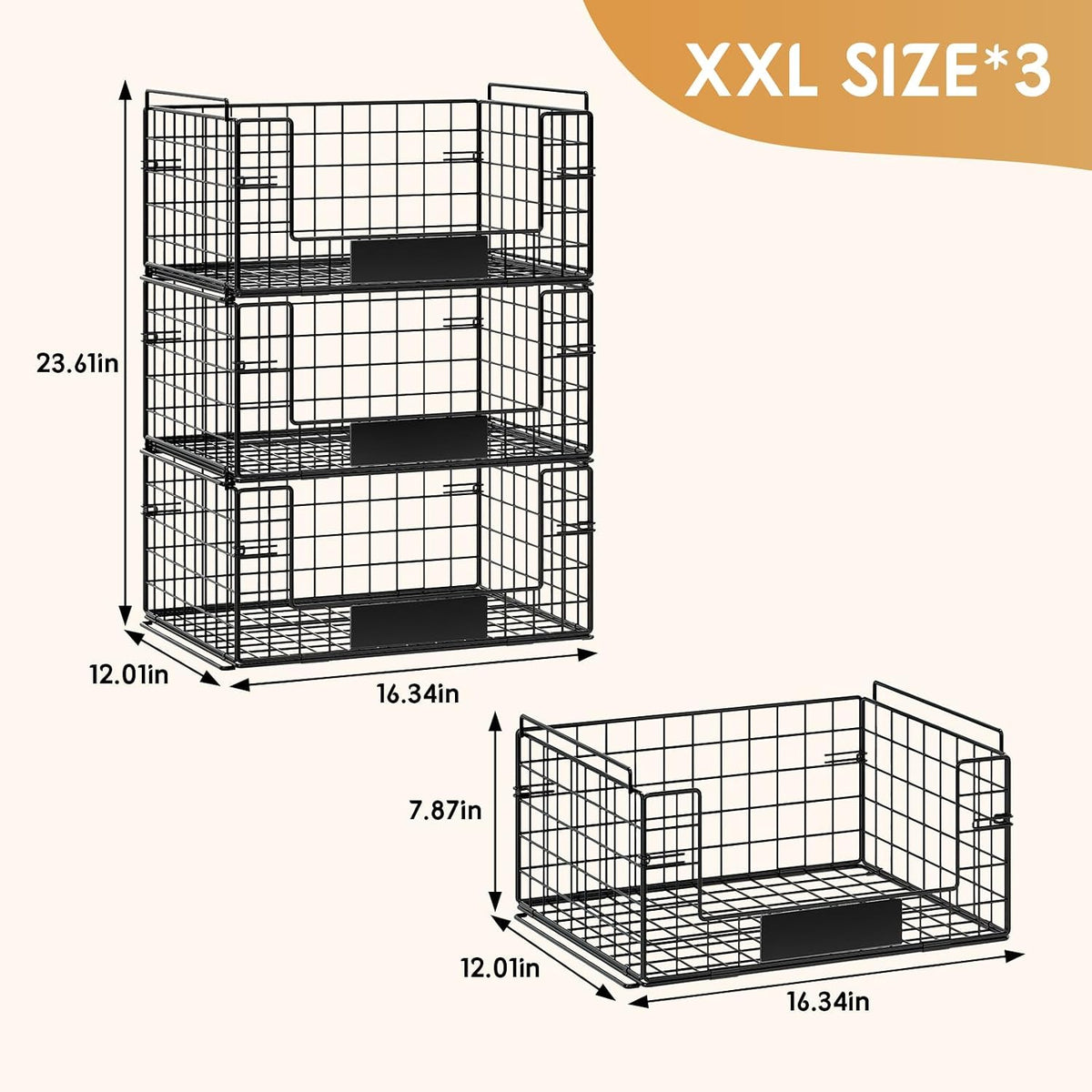 3‑Pack XXL Stackable Wire Baskets with Handles