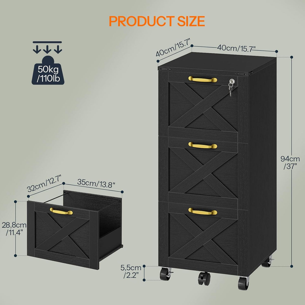 3‑Drawer Lockable Mobile Wooden File Cabinet