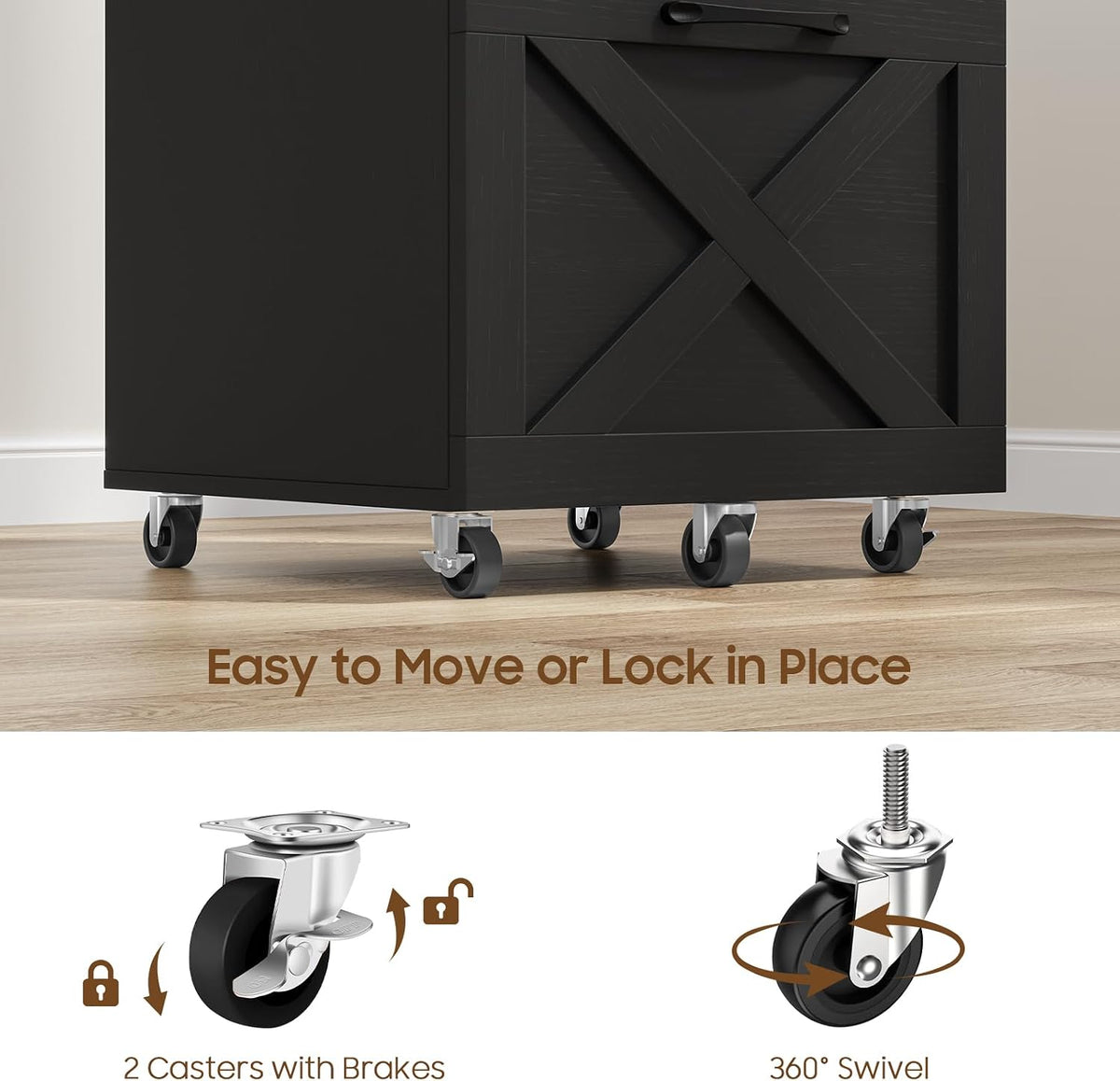 Black Tall 3‑Drawer Wheeled Farmhouse File Cabinet