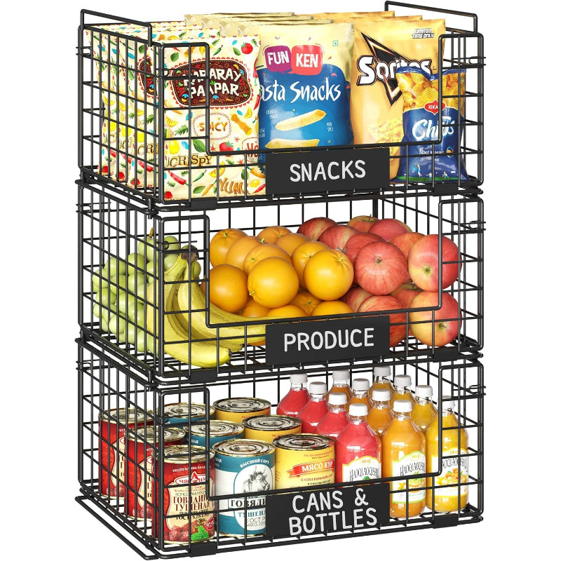 3‑Pack XXL Stackable Wire Baskets with Handles