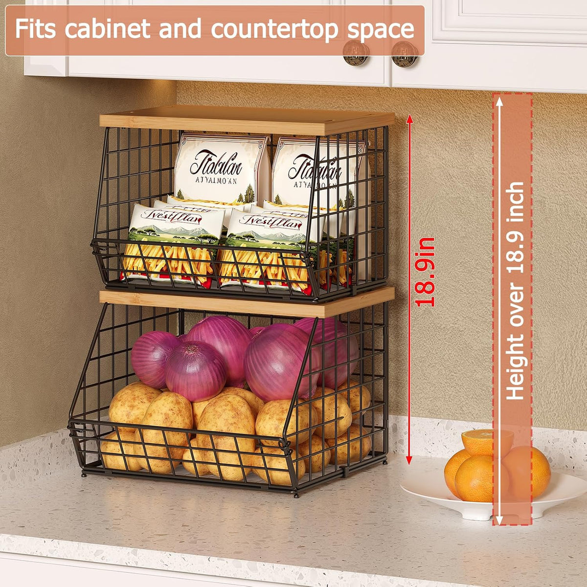2‑Pack Stackable Wire Baskets with Wooden Tops