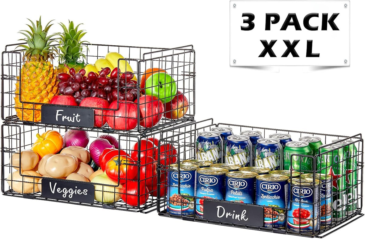 3‑Pack XXL Stackable Wire Baskets with Handles
