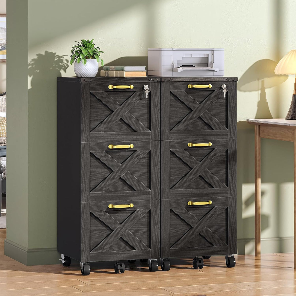 3‑Drawer Lockable Mobile Wooden File Cabinet