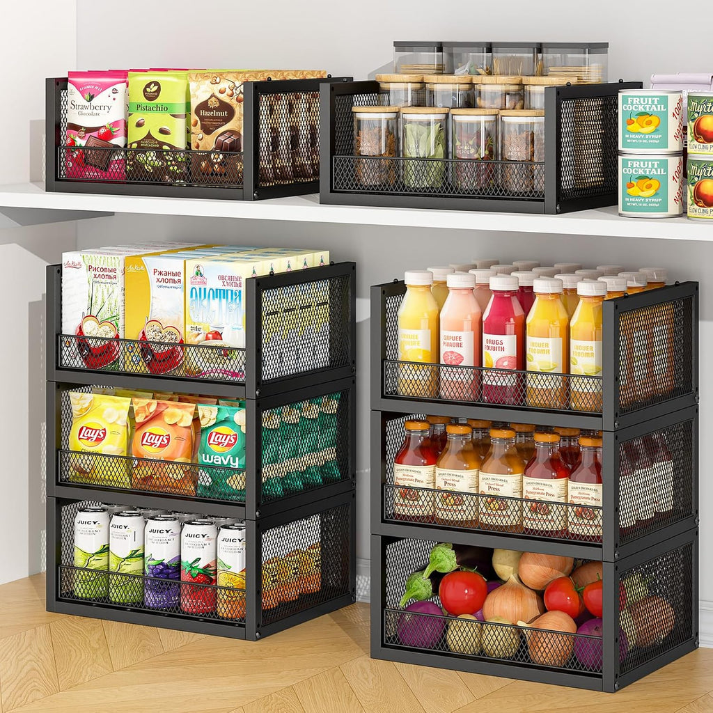 3‑Pack Open‑Front Stackable Pantry Wire Baskets