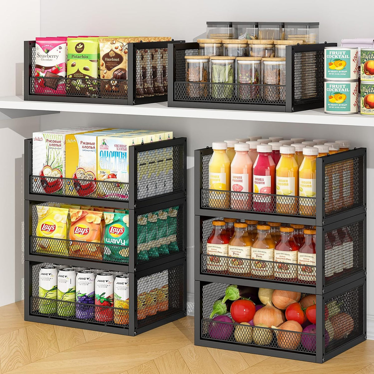 3‑Pack Open‑Front Stackable Pantry Wire Baskets