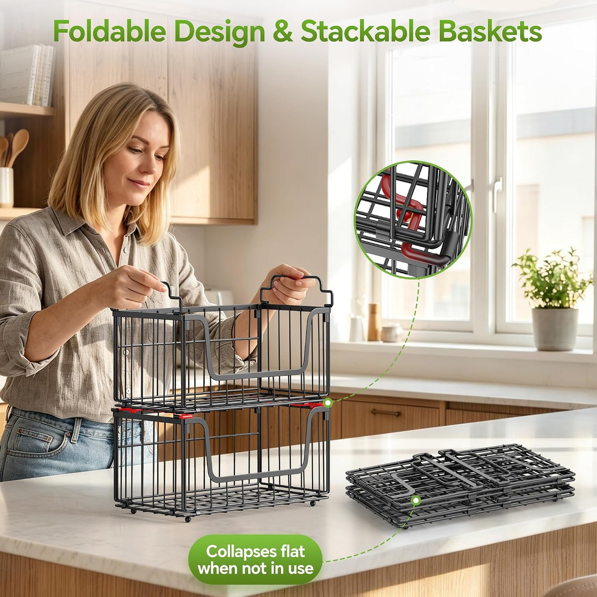 4‑Pack Foldable Pantry Wire Baskets