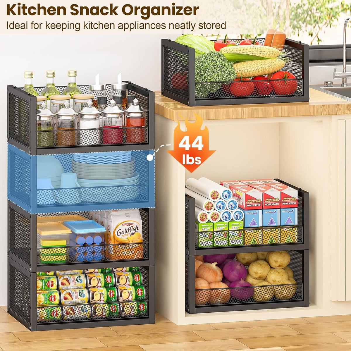 3‑Pack Open‑Front Stackable Pantry Wire Baskets