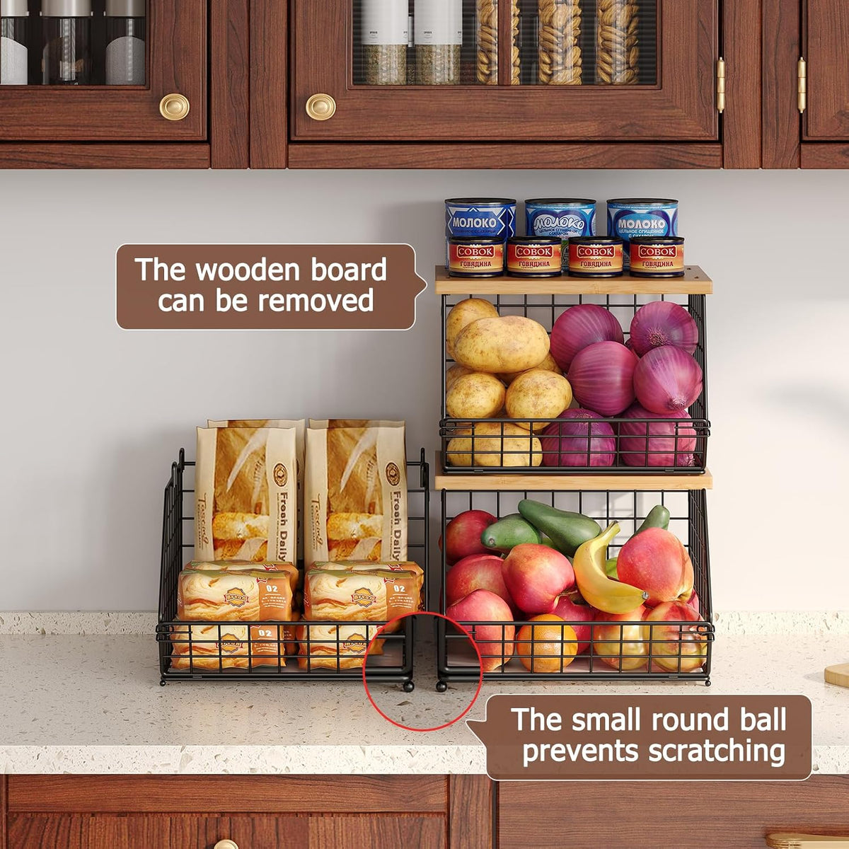 2‑Pack Stackable Wire Baskets with Wooden Tops