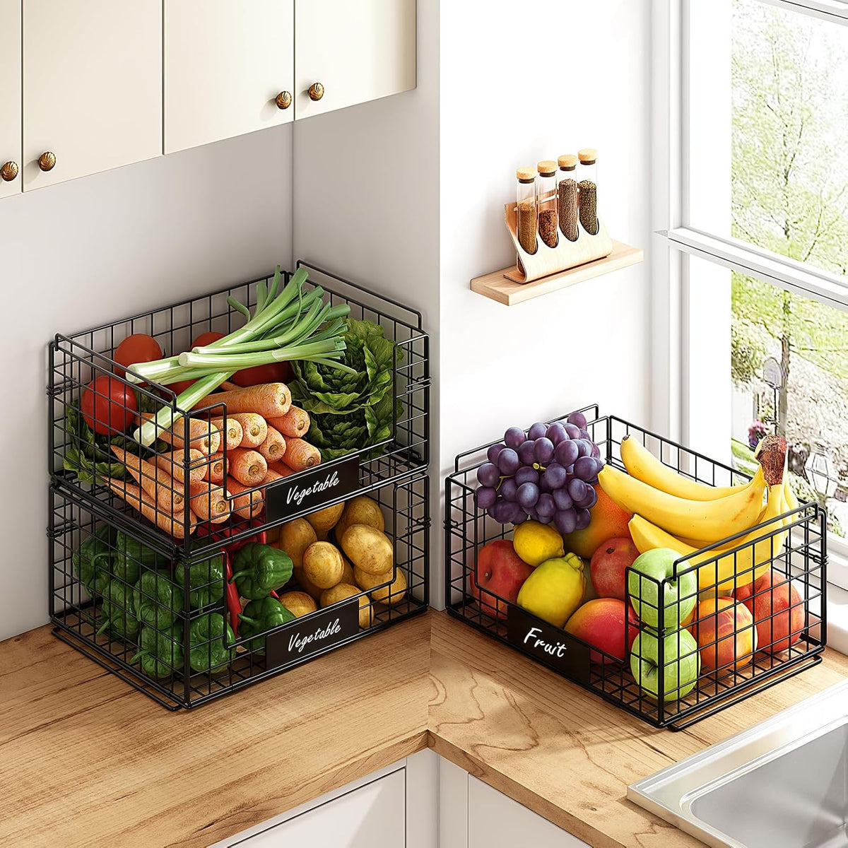 3‑Pack XXL Stackable Wire Baskets with Handles