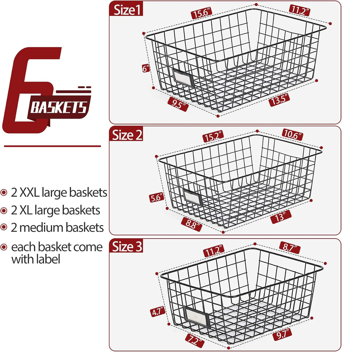 6‑Pack Assorted‑Size Pantry Wire Baskets