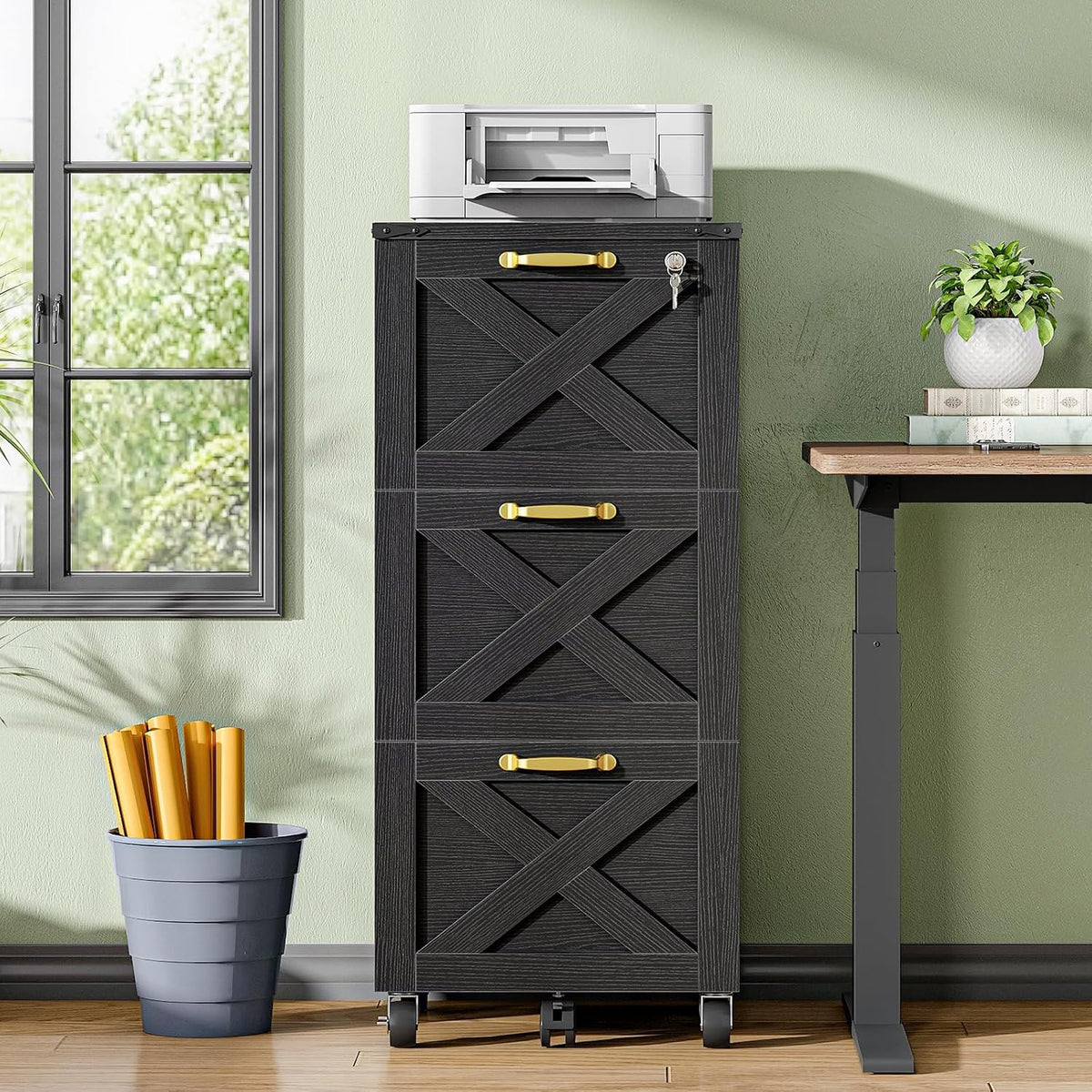 3‑Drawer Lockable Mobile Wooden File Cabinet
