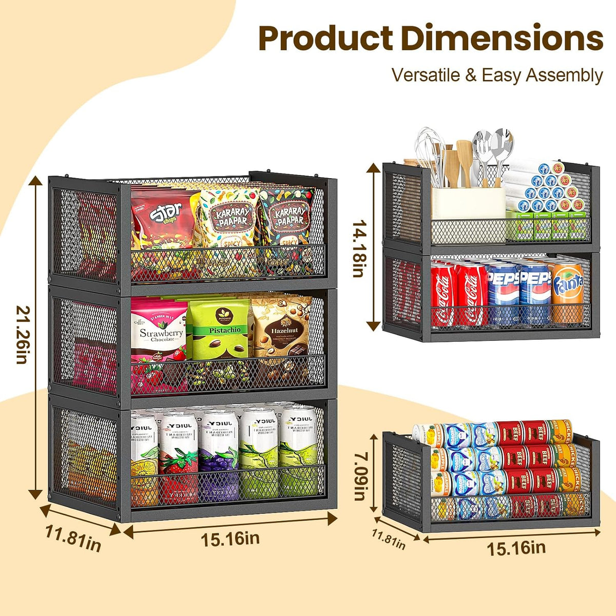 3‑Pack Open‑Front Stackable Pantry Wire Baskets