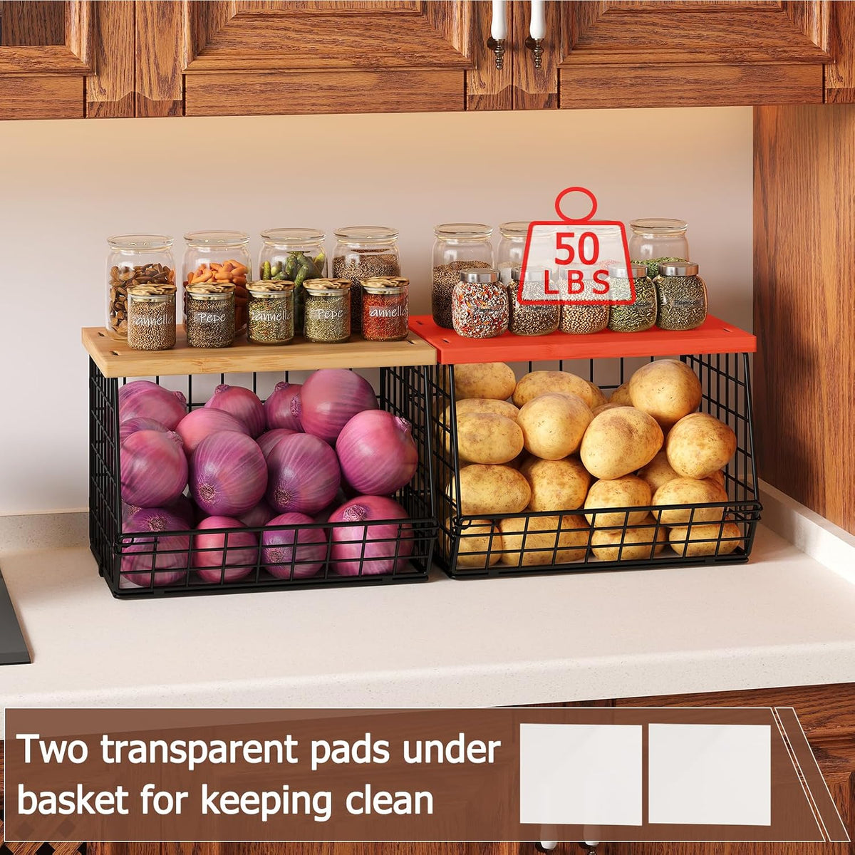 2‑Pack Stackable Wire Baskets with Wooden Tops