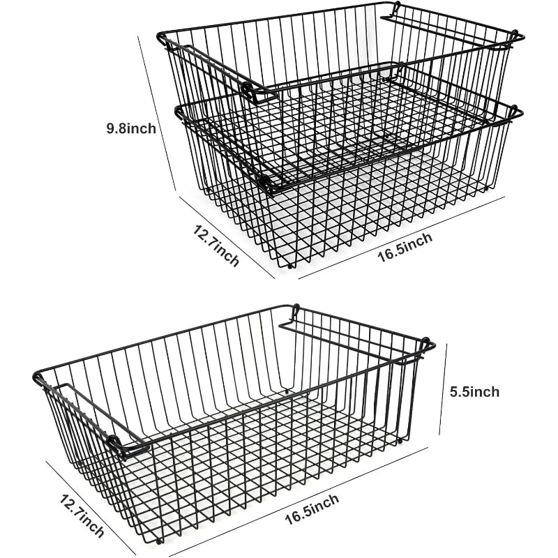 2‑Pack XXL Stackable Black Metal Pantry Wire Baskets